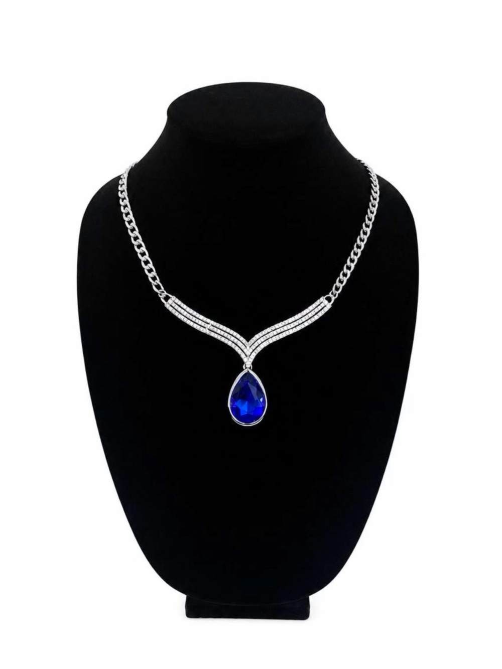 Elegant V-Shaped Necklace with a Royal Blue Teardrop Crystal Pendant